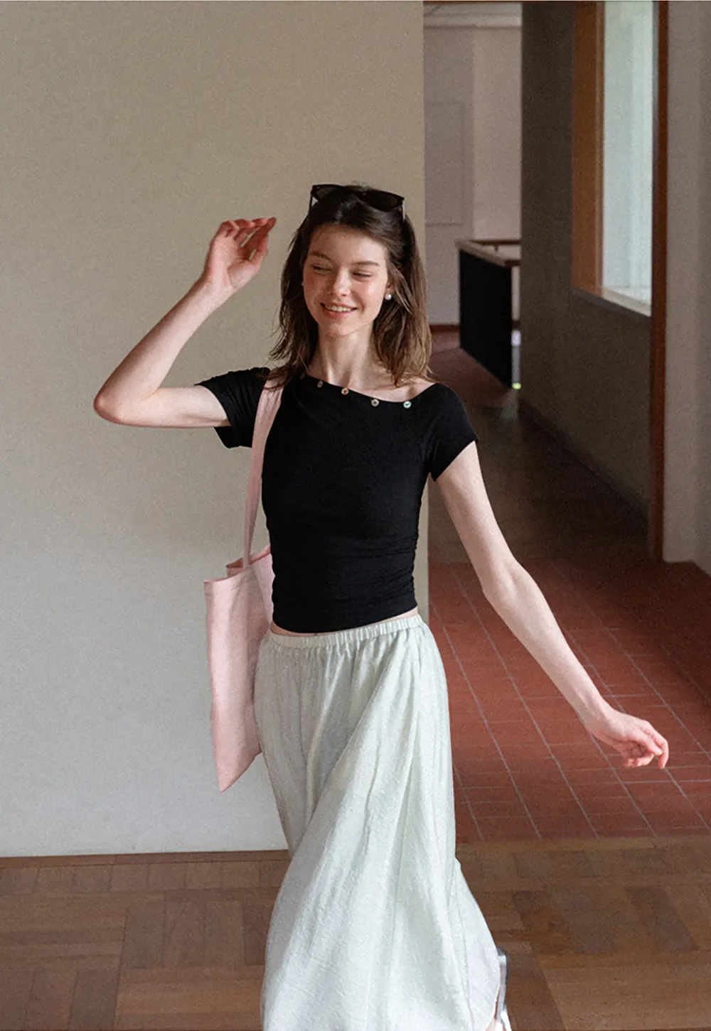 Cropped Short Sleeve Top With Button Detail Neckline