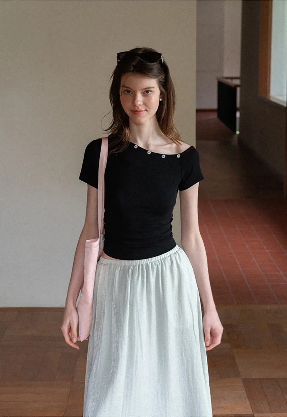 Cropped Short Sleeve Top With Button Detail Neckline
