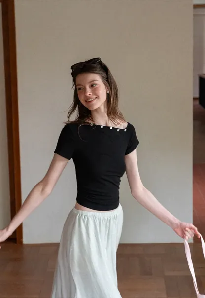Cropped Short Sleeve Top With Button Detail Neckline