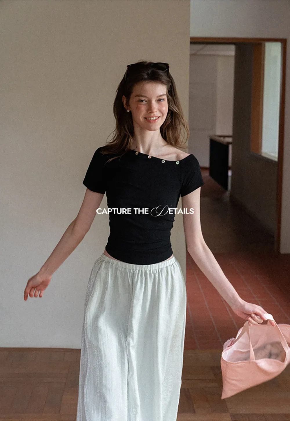 Cropped Short Sleeve Top With Button Detail Neckline