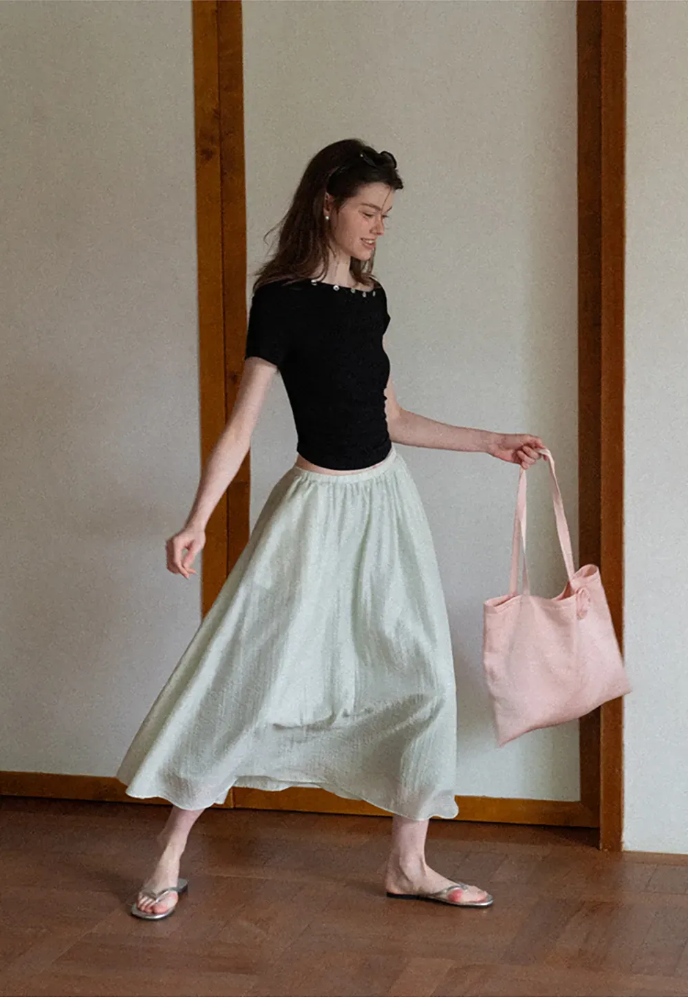 Cropped Short Sleeve Top With Button Detail Neckline