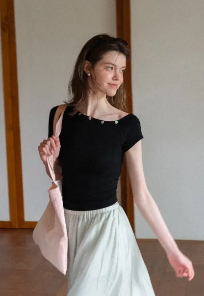 Cropped Short Sleeve Top With Button Detail Neckline