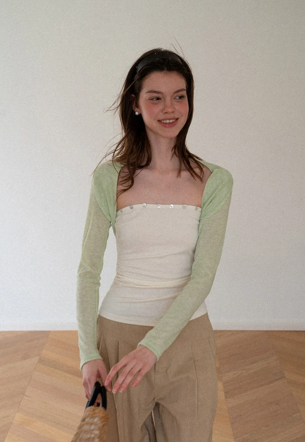 Square Neck Strapless Top With Pearl Detail Long Sleeve Cardigan Set