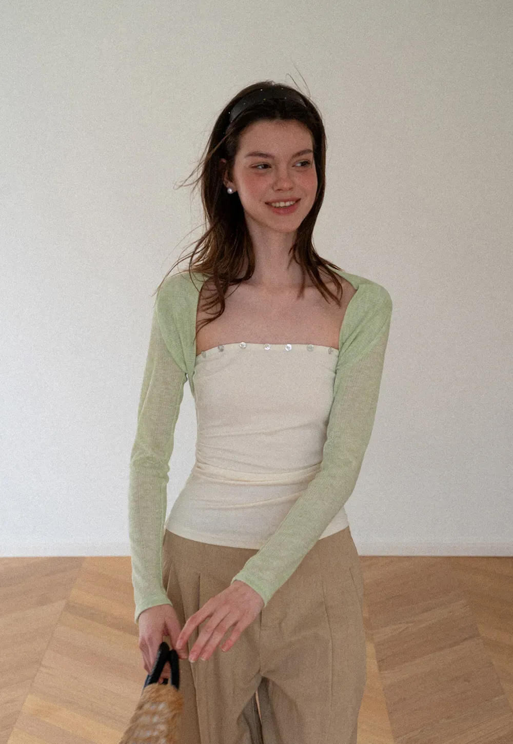 Square Neck Strapless Top With Pearl Detail Long Sleeve Cardigan Set