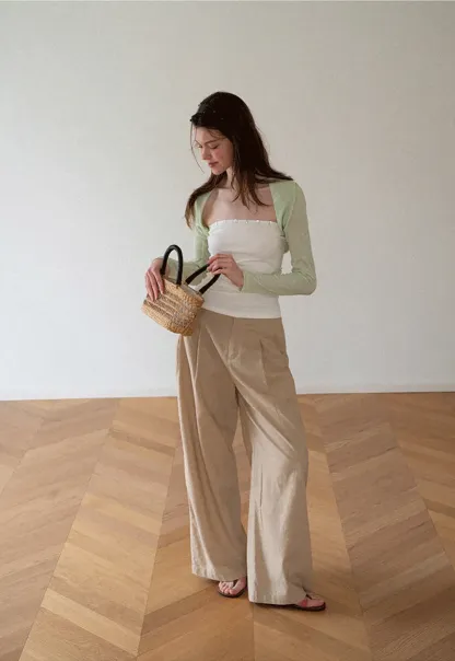 Square Neck Strapless Top With Pearl Detail Long Sleeve Cardigan Set