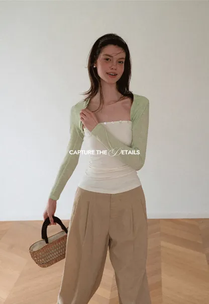Square Neck Strapless Top With Pearl Detail Long Sleeve Cardigan Set