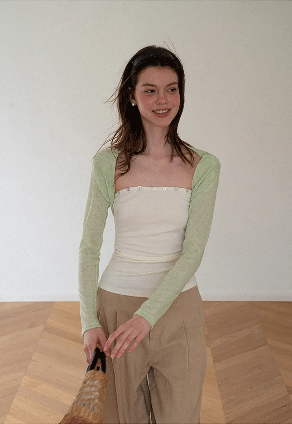 Square Neck Strapless Top With Pearl Detail Long Sleeve Cardigan Set