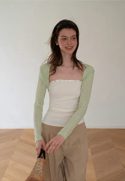 Square Neck Strapless Top With Pearl Detail Long Sleeve Cardigan Set
