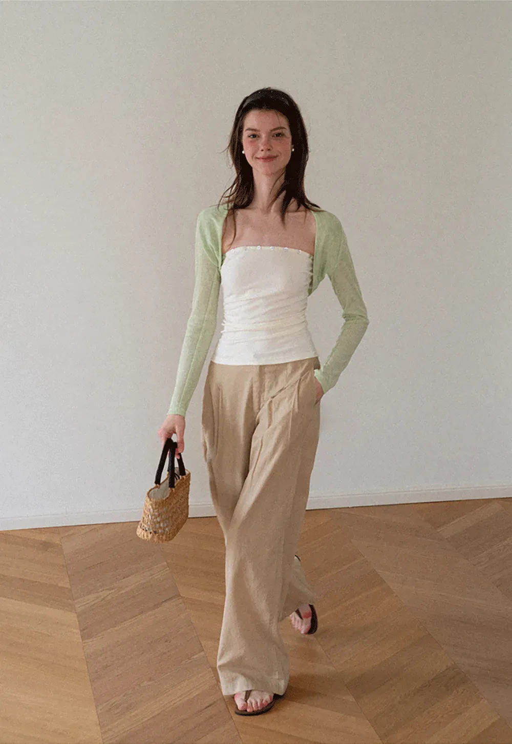 Square Neck Strapless Top With Pearl Detail Long Sleeve Cardigan Set