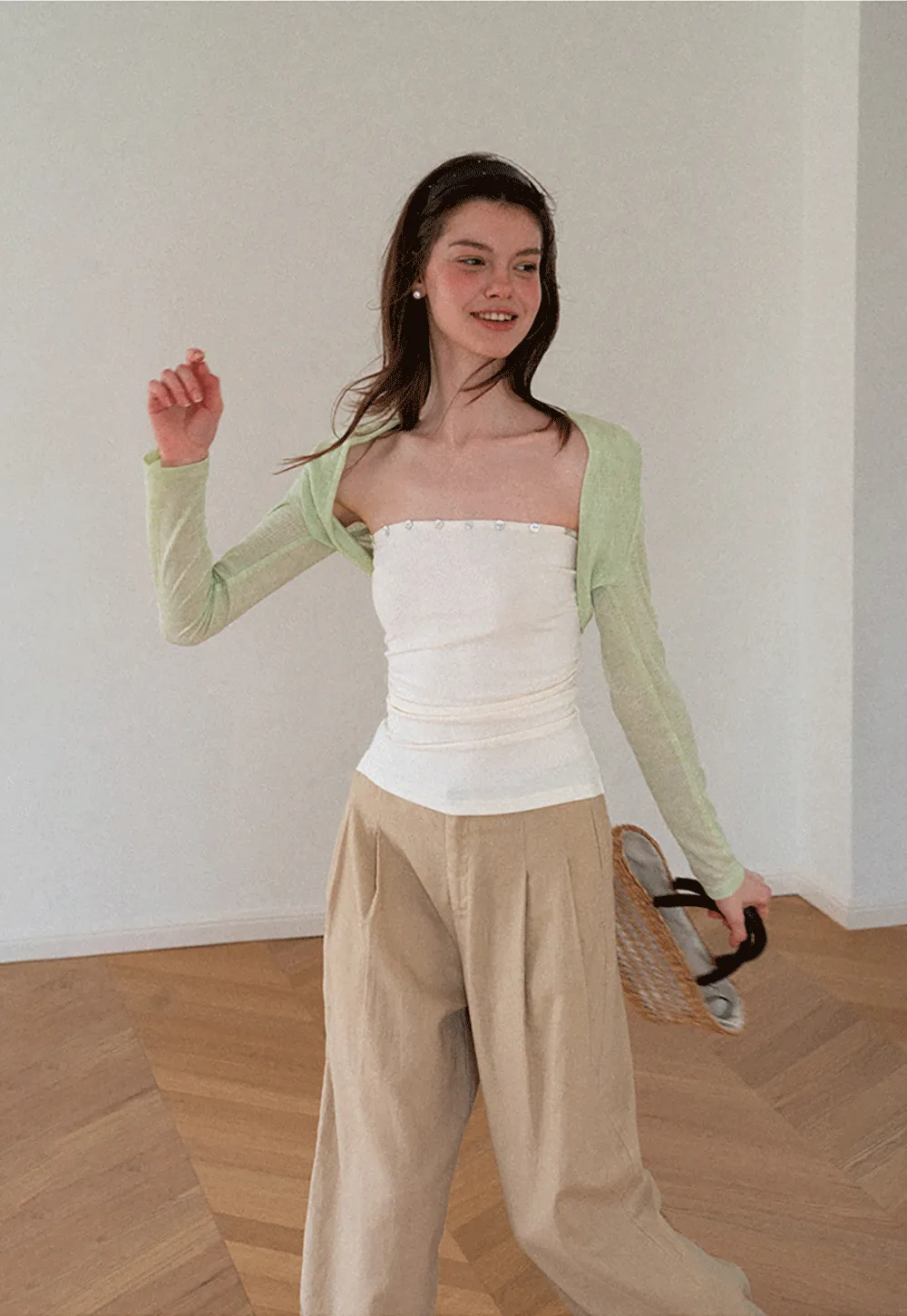 Square Neck Strapless Top With Pearl Detail Long Sleeve Cardigan Set