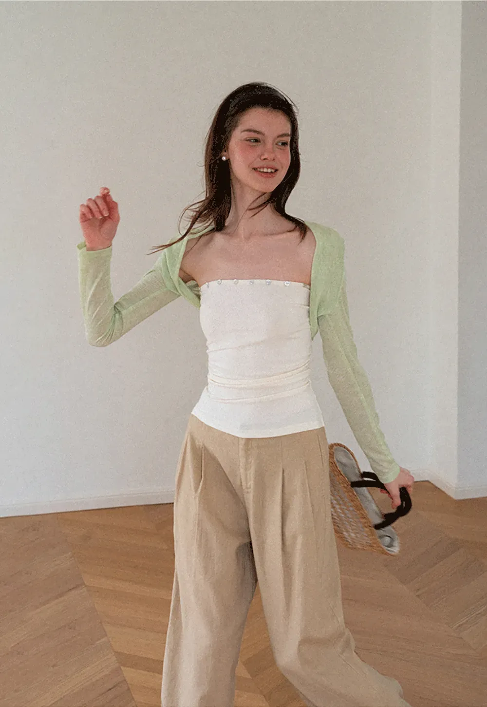 Square Neck Strapless Top With Pearl Detail Long Sleeve Cardigan Set
