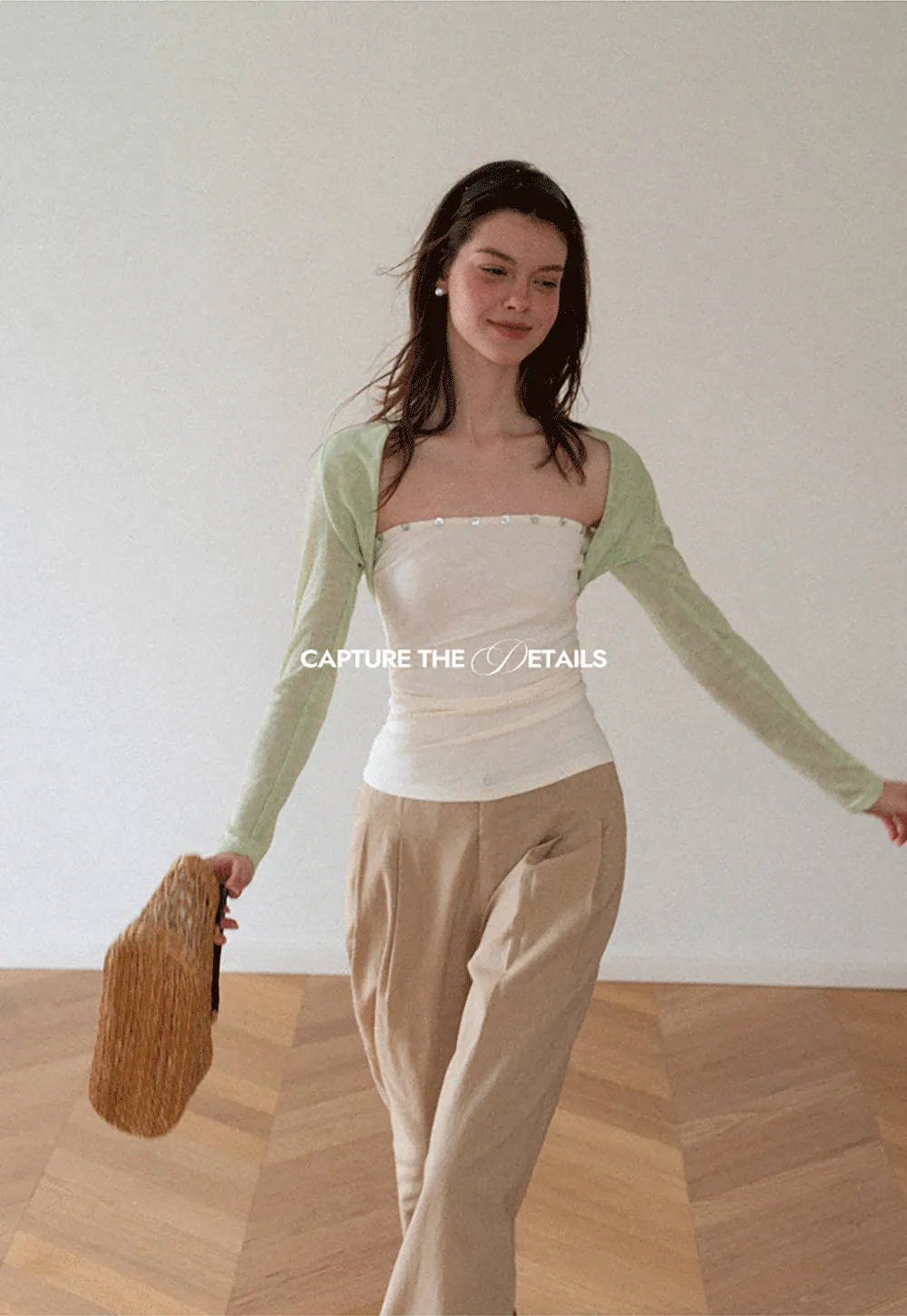 Square Neck Strapless Top With Pearl Detail Long Sleeve Cardigan Set