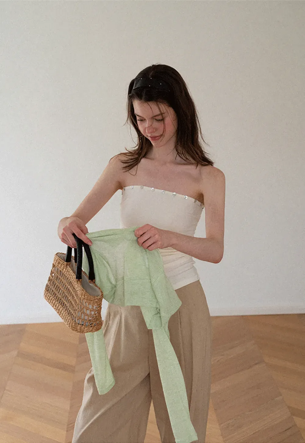 Square Neck Strapless Top With Pearl Detail Long Sleeve Cardigan Set