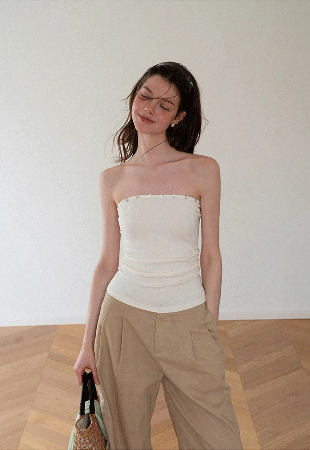 Square Neck Strapless Top With Pearl Detail Long Sleeve Cardigan Set