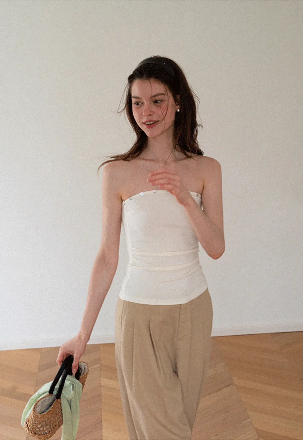 Square Neck Strapless Top With Pearl Detail Long Sleeve Cardigan Set