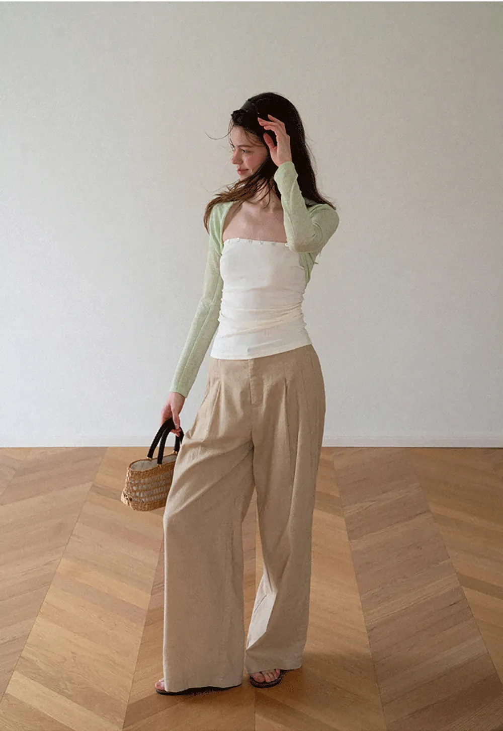Square Neck Strapless Top With Pearl Detail Long Sleeve Cardigan Set