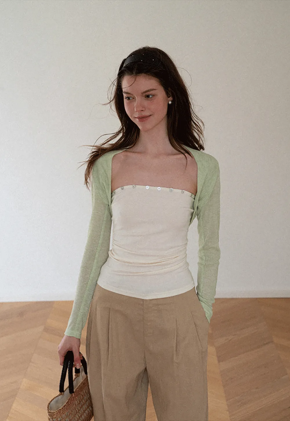 Square Neck Strapless Top With Pearl Detail Long Sleeve Cardigan Set