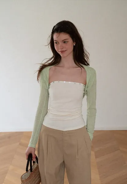 Square Neck Strapless Top With Pearl Detail Long Sleeve Cardigan Set