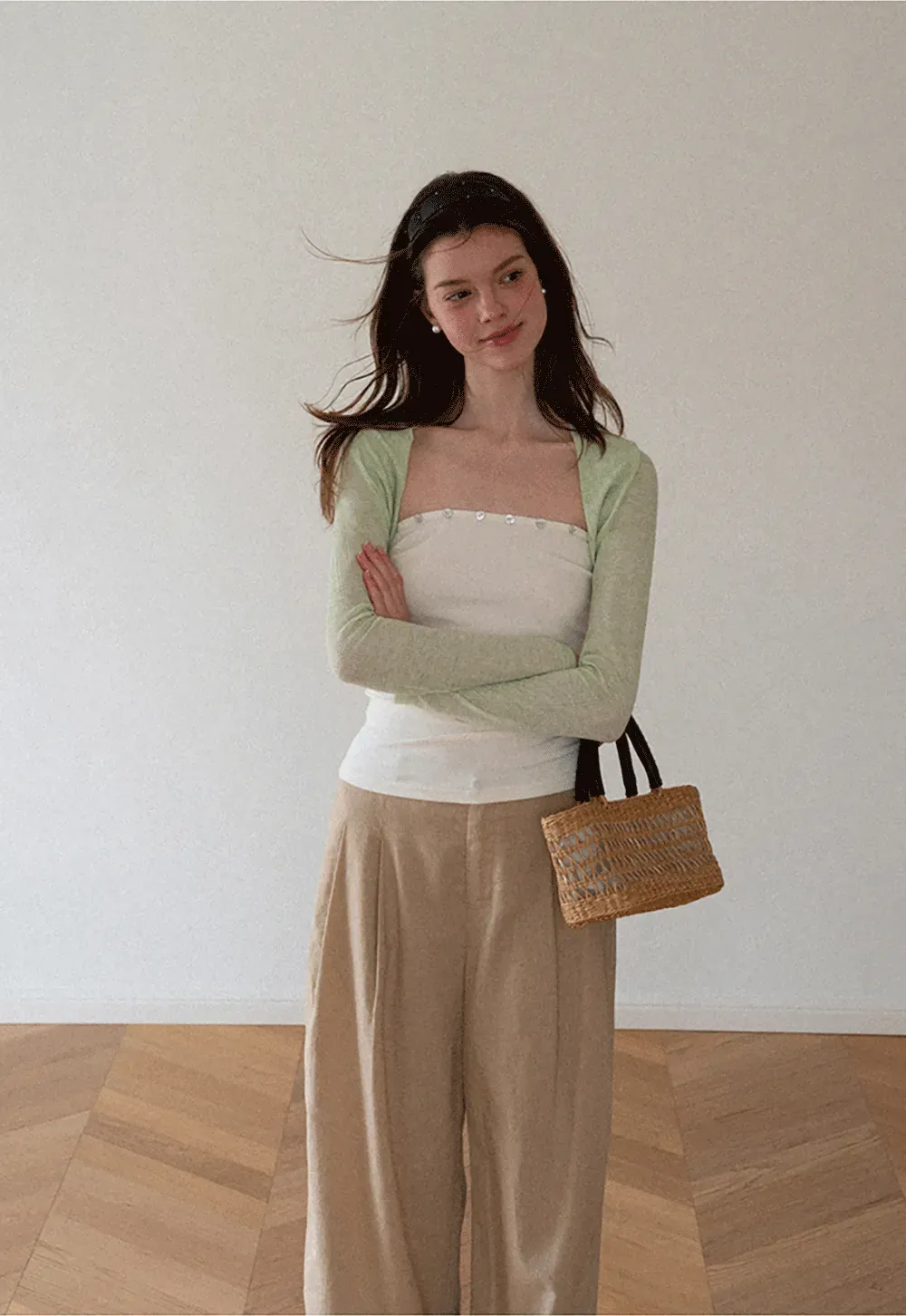 Square Neck Strapless Top With Pearl Detail Long Sleeve Cardigan Set