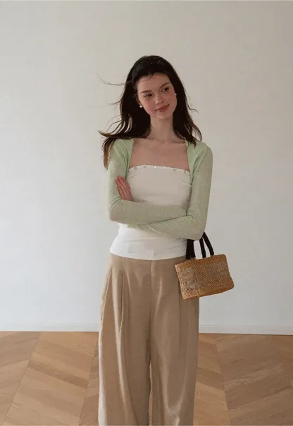 Square Neck Strapless Top With Pearl Detail Long Sleeve Cardigan Set