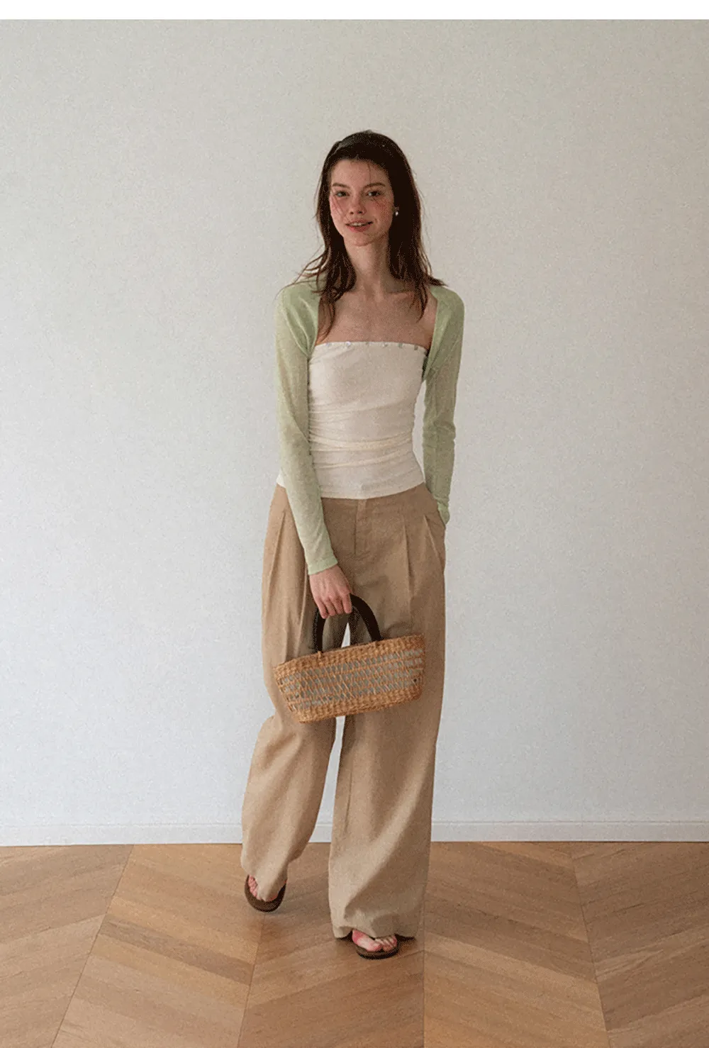Square Neck Strapless Top With Pearl Detail Long Sleeve Cardigan Set