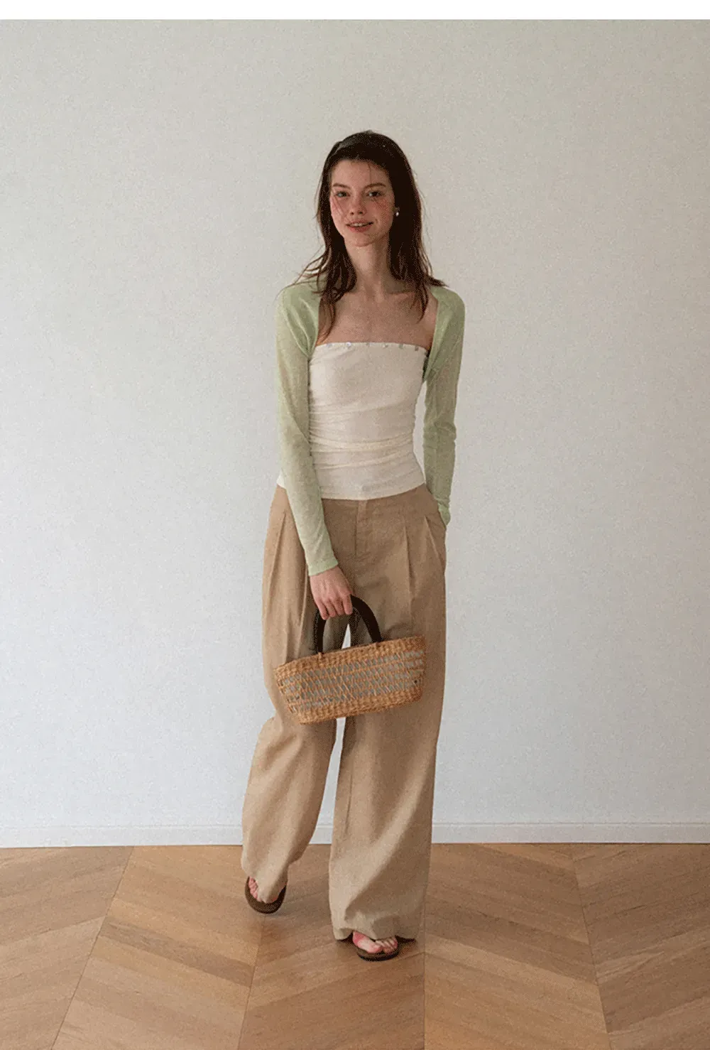 Square Neck Strapless Top With Pearl Detail Long Sleeve Cardigan Set