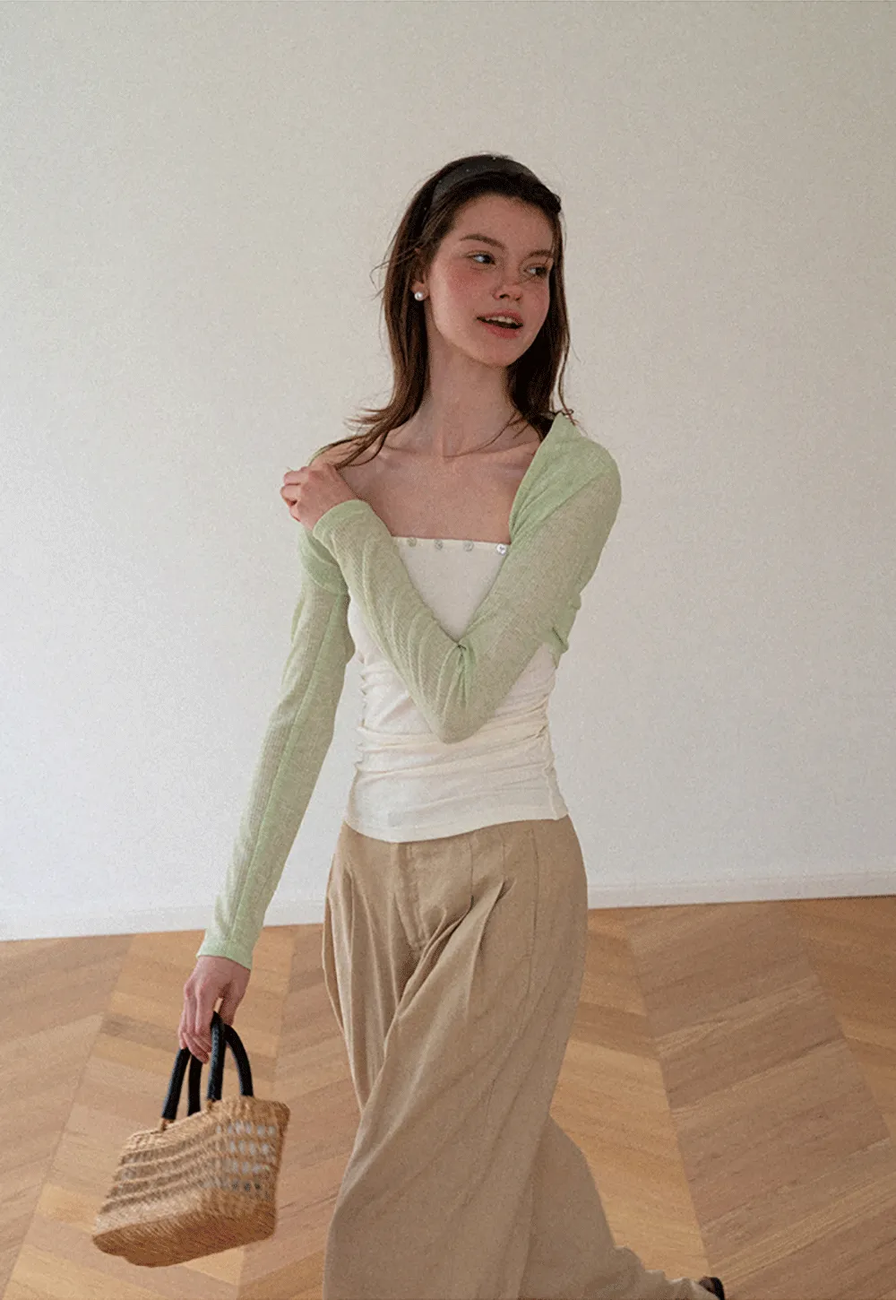 Square Neck Strapless Top With Pearl Detail Long Sleeve Cardigan Set