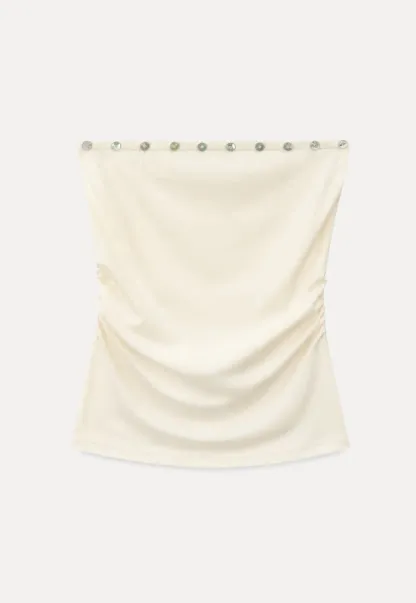Square Neck Strapless Top With Pearl Detail Long Sleeve Cardigan Set