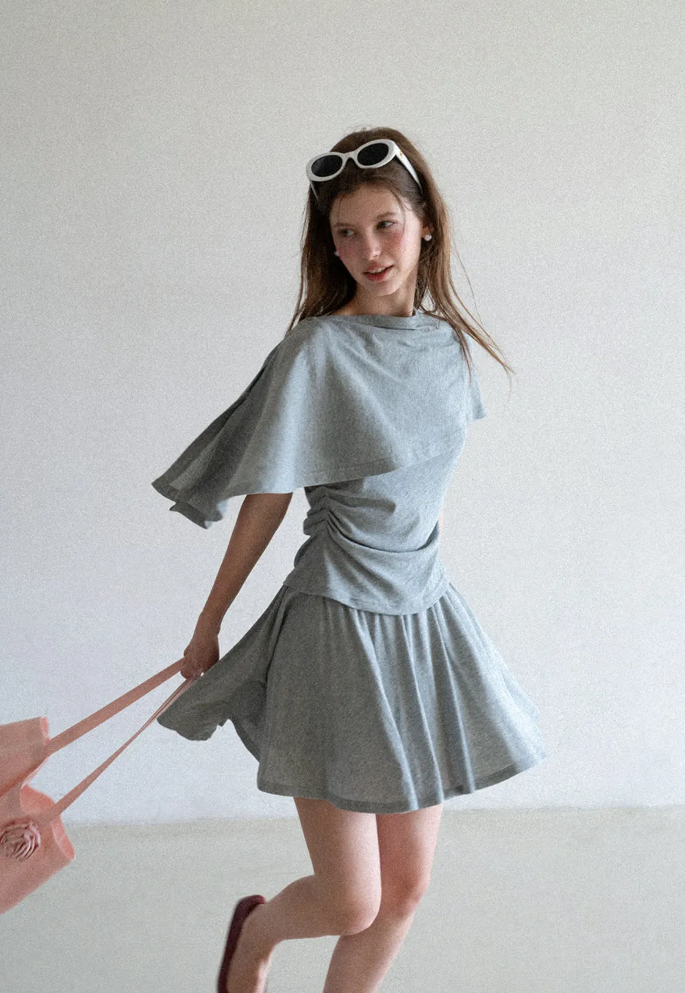 Draped Cap Sleeve Top and Pleated Skirt Set
