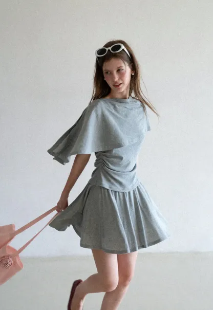 Draped Cap Sleeve Top and Pleated Skirt Set