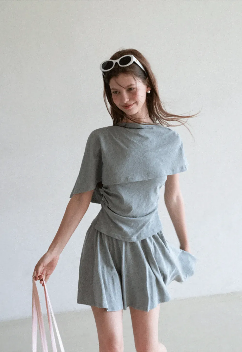 Draped Cap Sleeve Top and Pleated Skirt Set