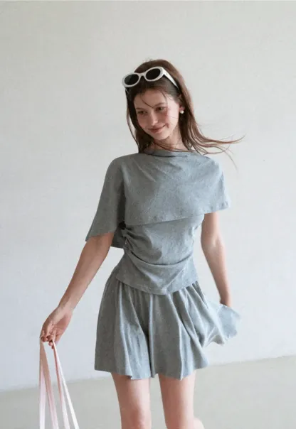 Draped Cap Sleeve Top and Pleated Skirt Set