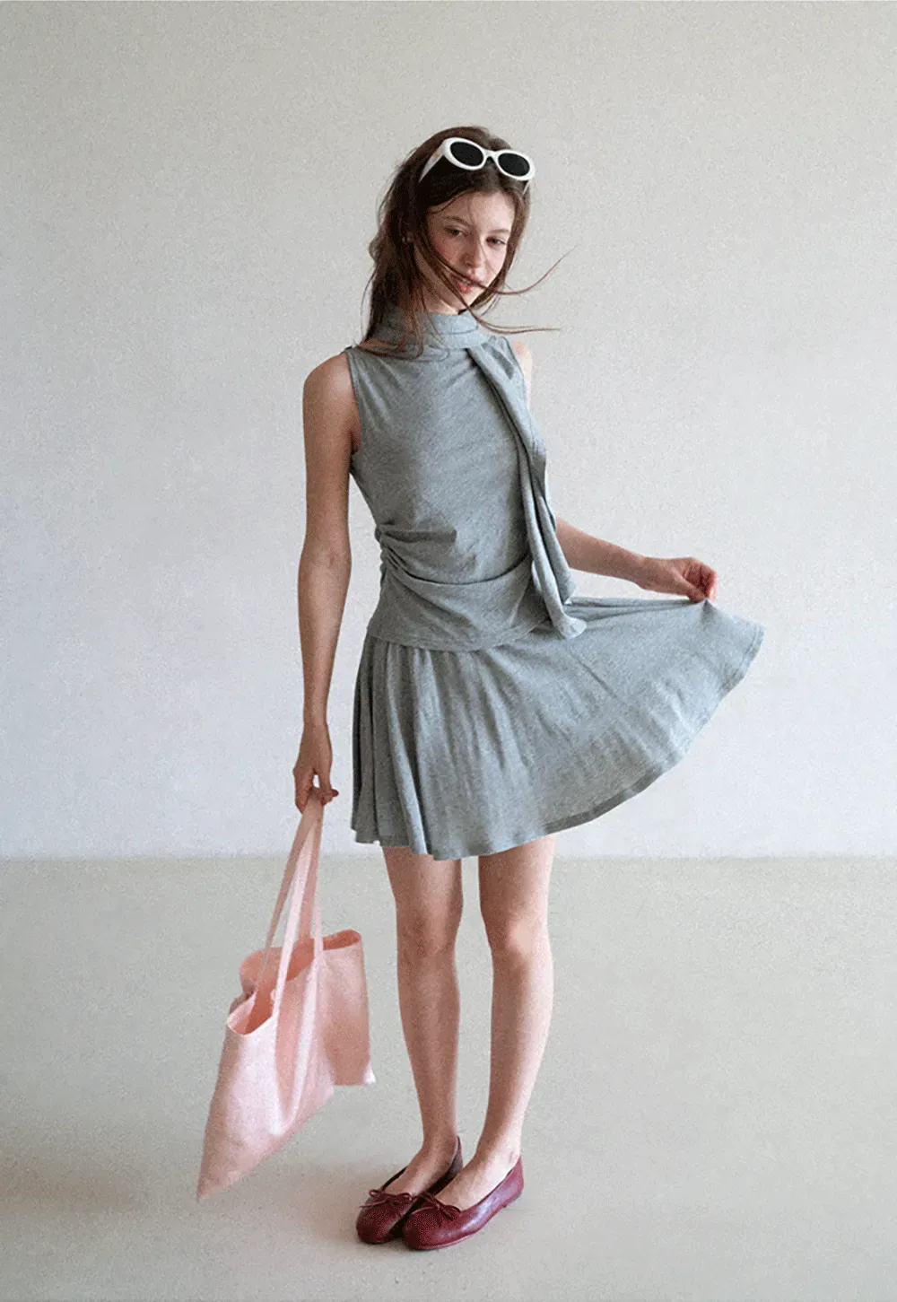 Draped Cap Sleeve Top and Pleated Skirt Set