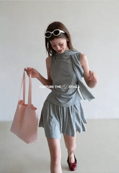 Draped Cap Sleeve Top and Pleated Skirt Set