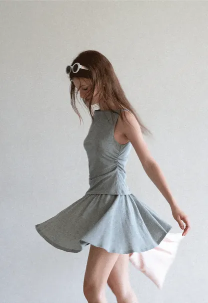 Draped Cap Sleeve Top and Pleated Skirt Set