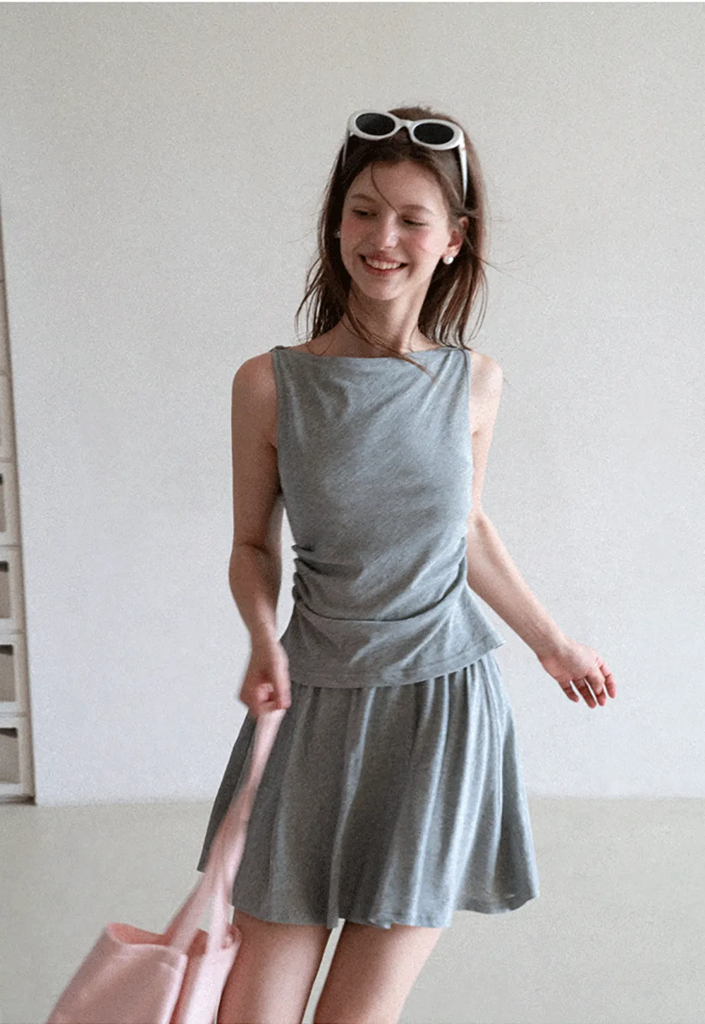 Draped Cap Sleeve Top and Pleated Skirt Set