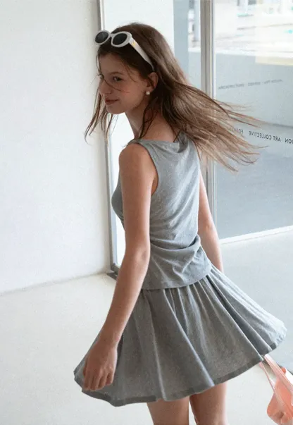 Draped Cap Sleeve Top and Pleated Skirt Set