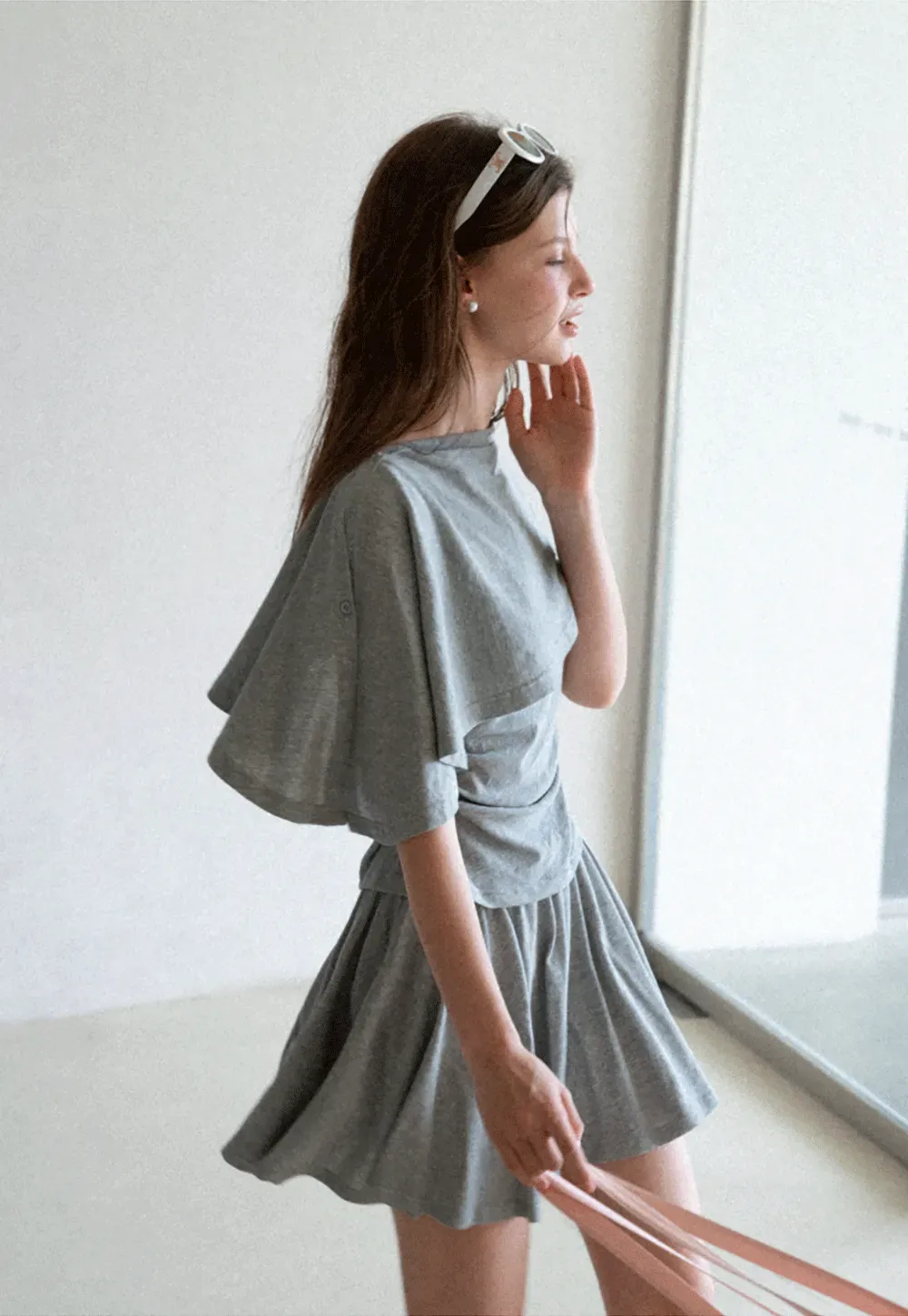 Draped Cap Sleeve Top and Pleated Skirt Set