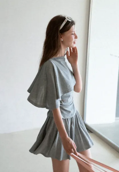 Draped Cap Sleeve Top and Pleated Skirt Set