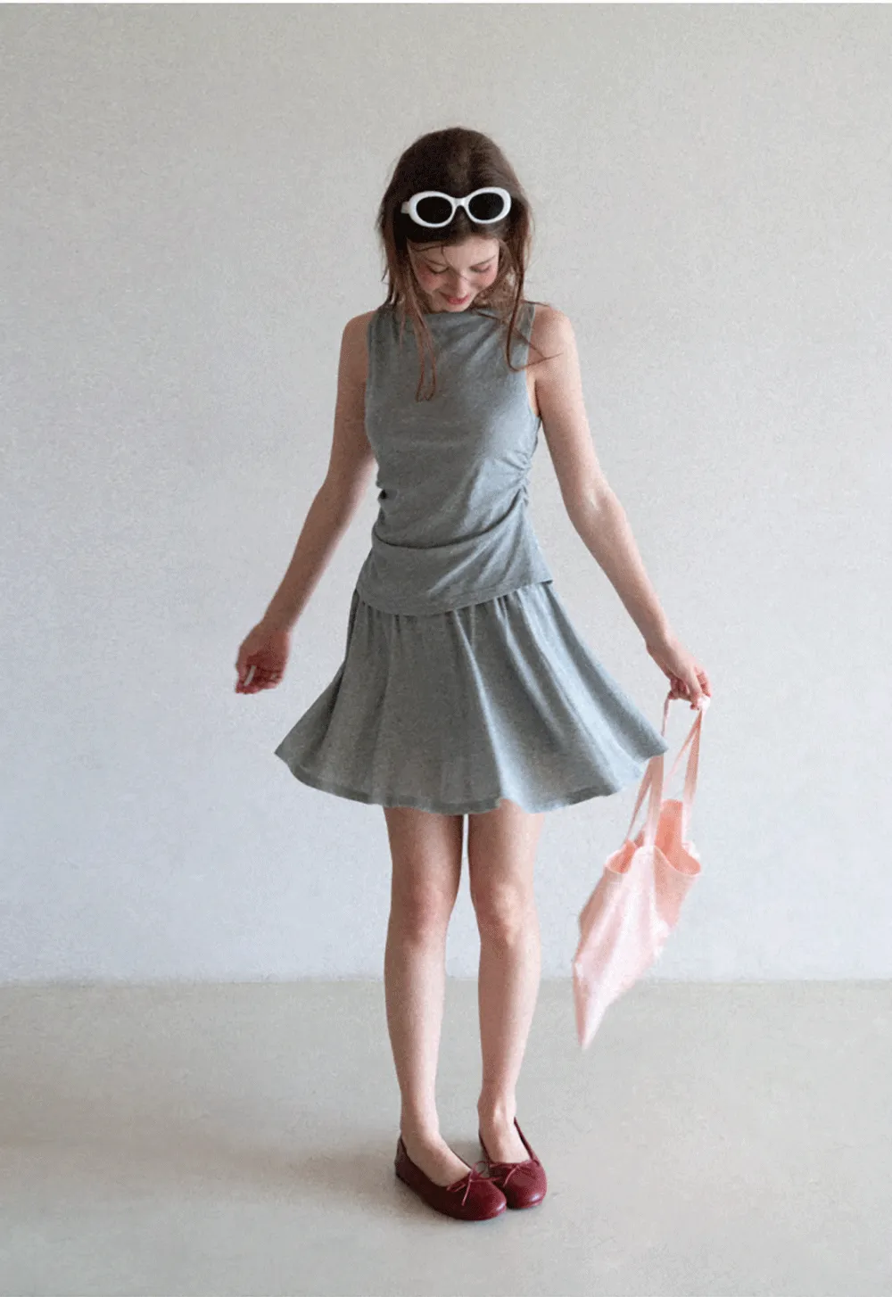 Draped Cap Sleeve Top and Pleated Skirt Set