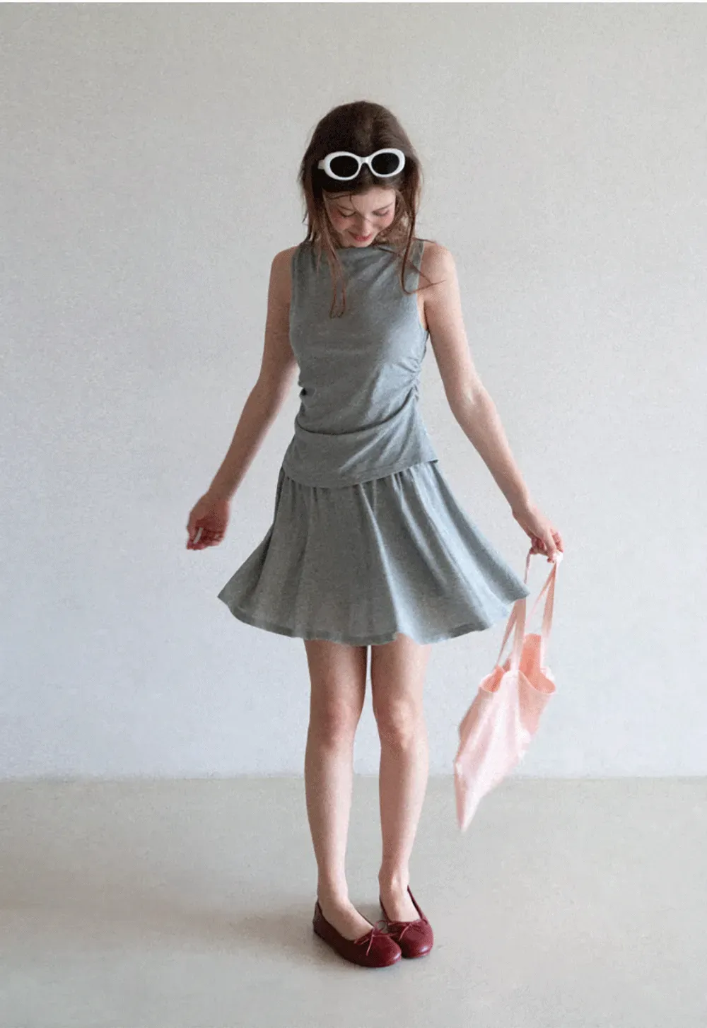 Draped Cap Sleeve Top and Pleated Skirt Set