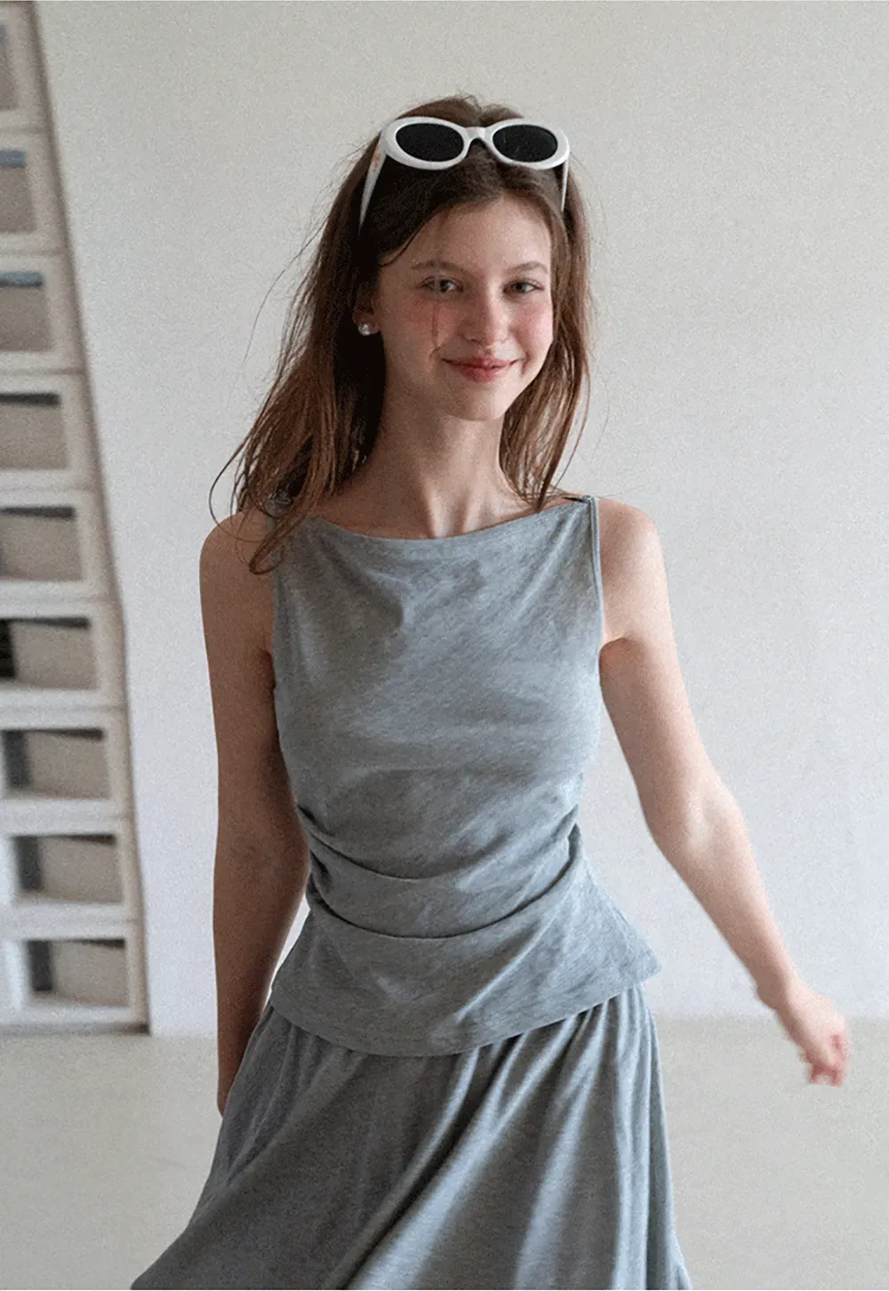 Draped Cap Sleeve Top and Pleated Skirt Set