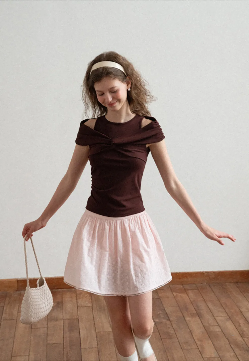 Off Shoulder Twist Front Knit Tshirt