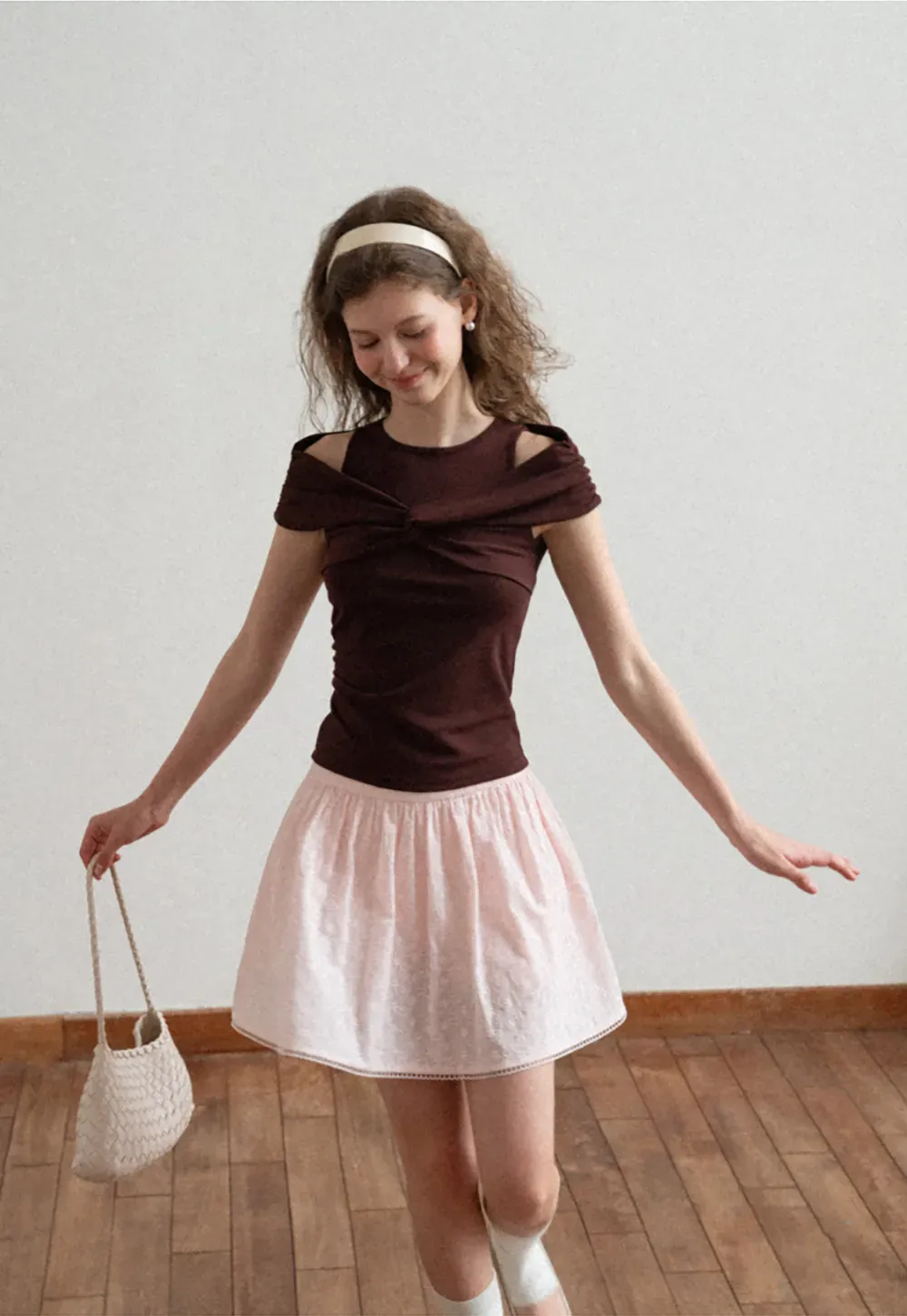 Off Shoulder Twist Front Knit Tshirt