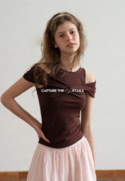 Off Shoulder Twist Front Knit Tshirt