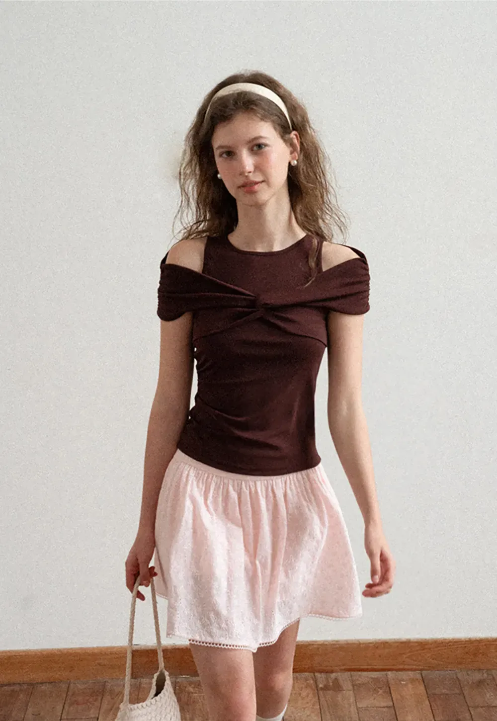 Off Shoulder Twist Front Knit Tshirt