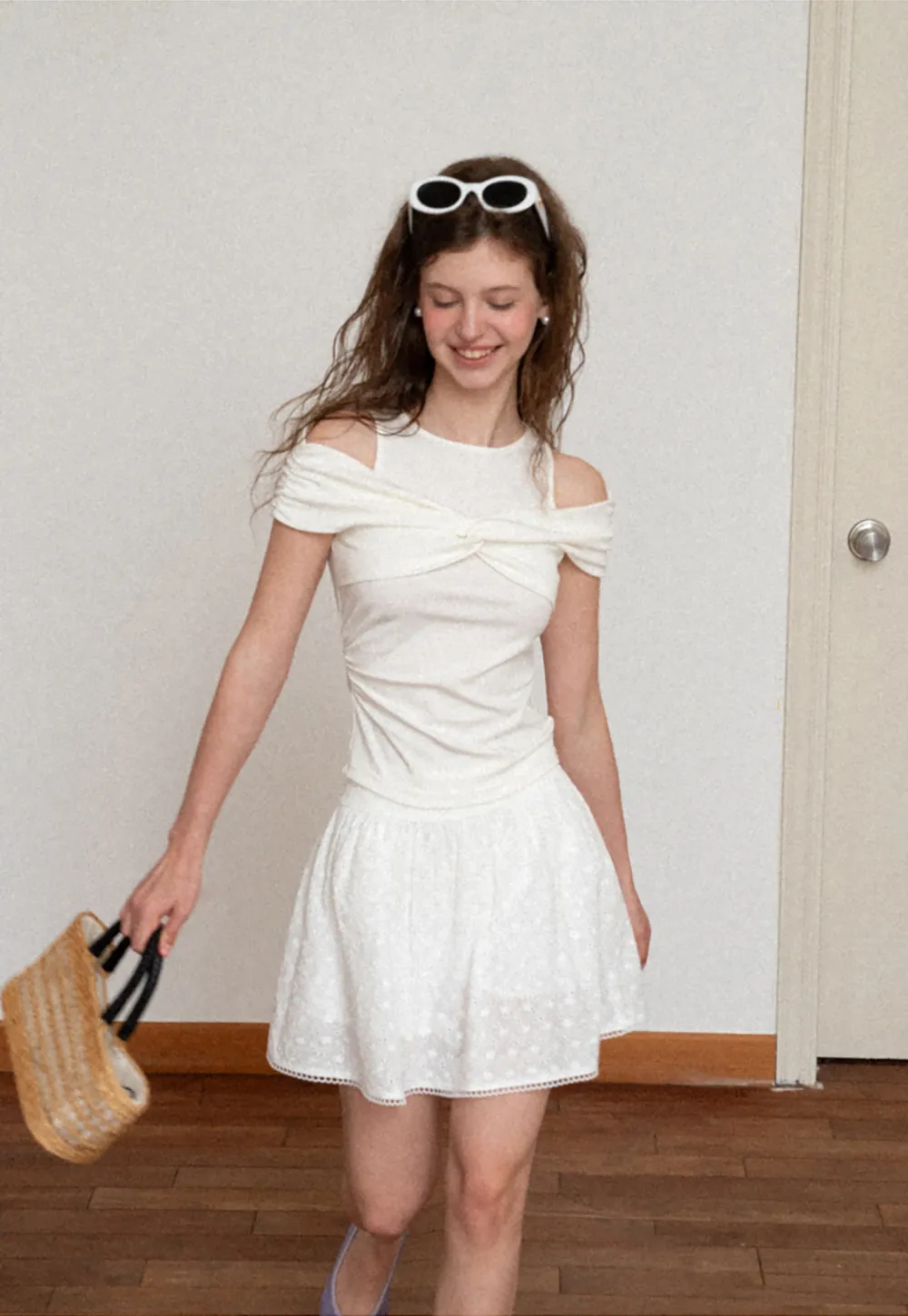Off Shoulder Twist Front Knit Tshirt
