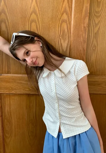 Polka Dot Print Peter Pan Collar Button Front Tshirt