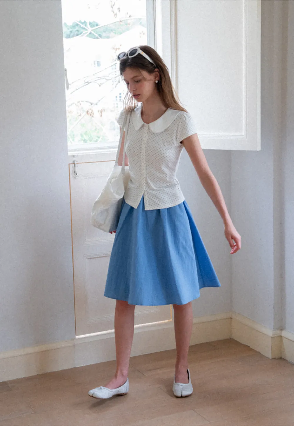 Polka Dot Print Peter Pan Collar Button Front Tshirt
