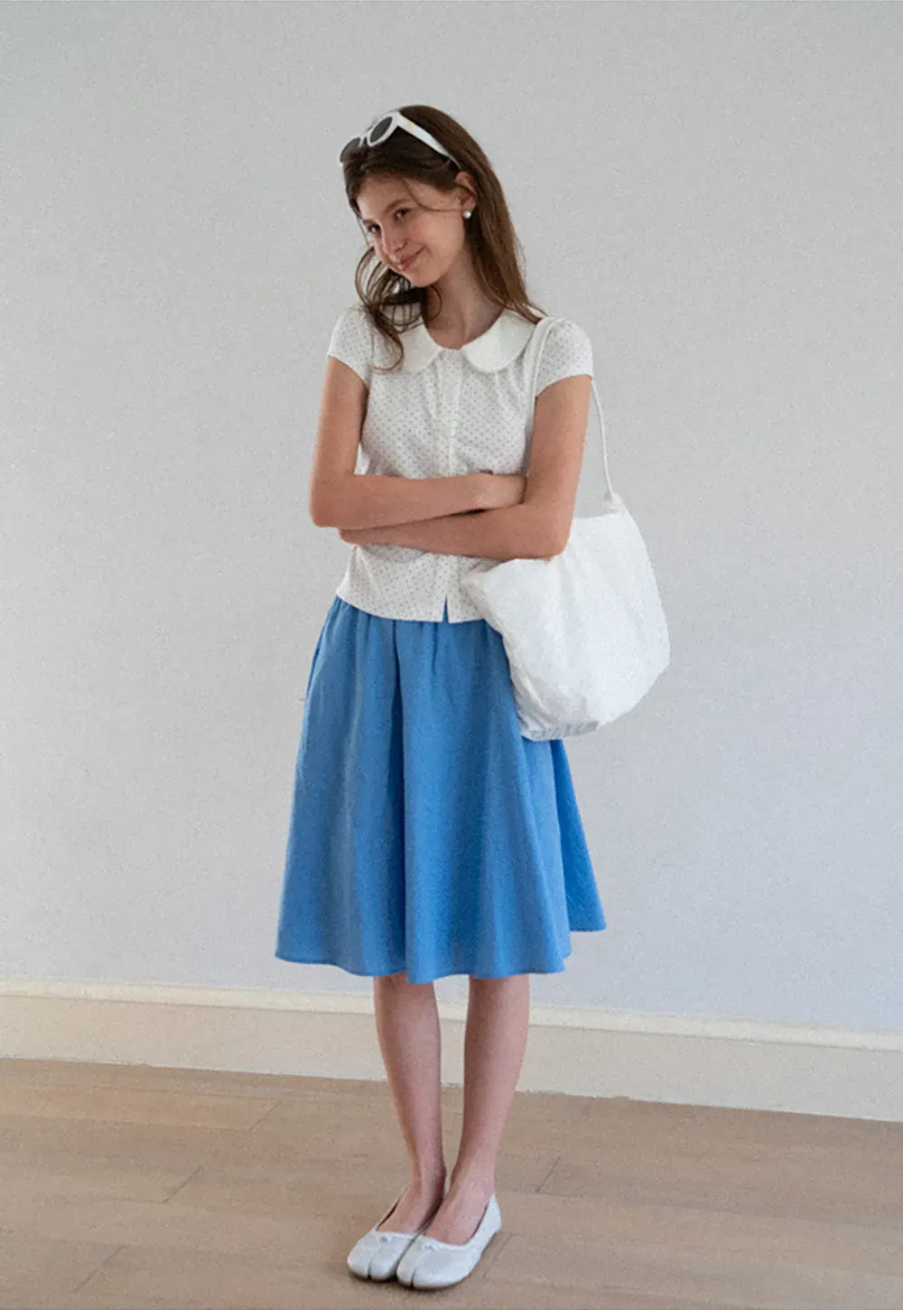 Polka Dot Print Peter Pan Collar Button Front Tshirt